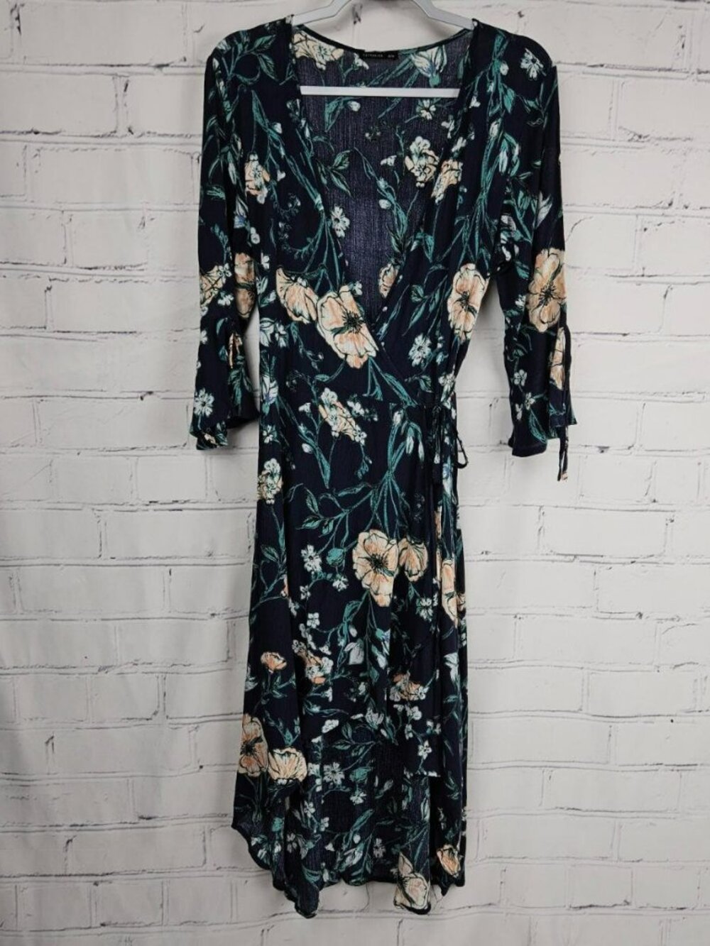 Cotton On Navy Floral Wrap Midi Dress Womens M High Low Ruffles Country Cottage